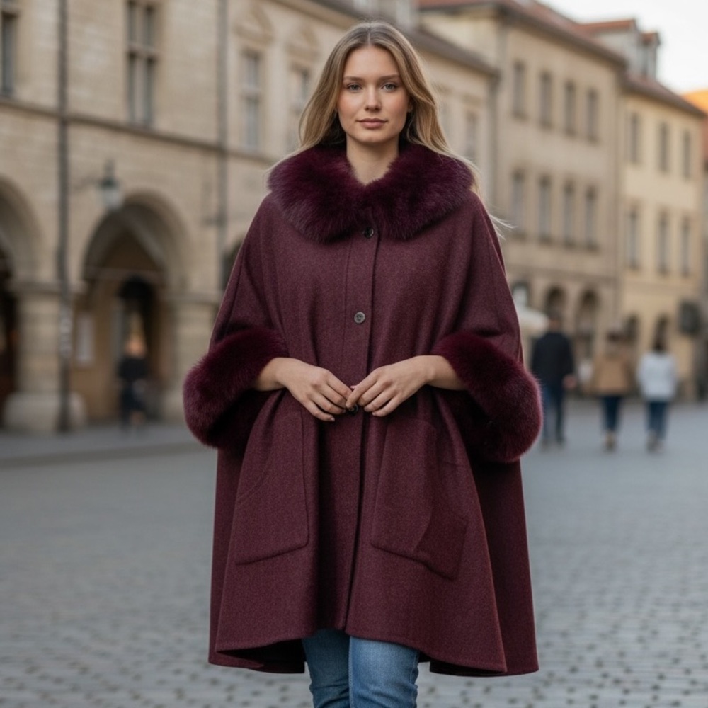 NWT Burgundy  Cape Poncho Faux Fur Collar & Cuffs Pockets Penny Lane OS